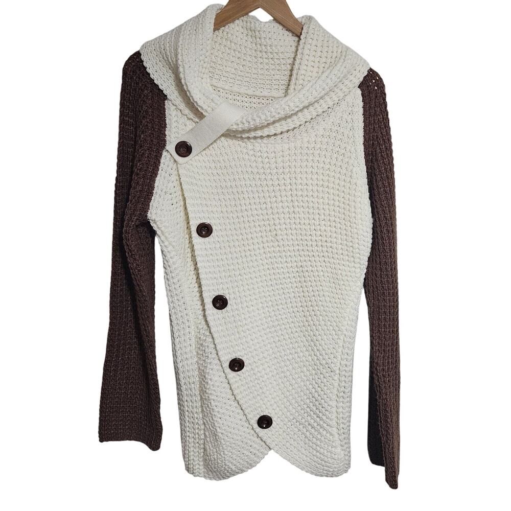 Button Turtle Cowl Neck Asymmetric Hem Wrap Pullover Sweater Lrg By NOBO